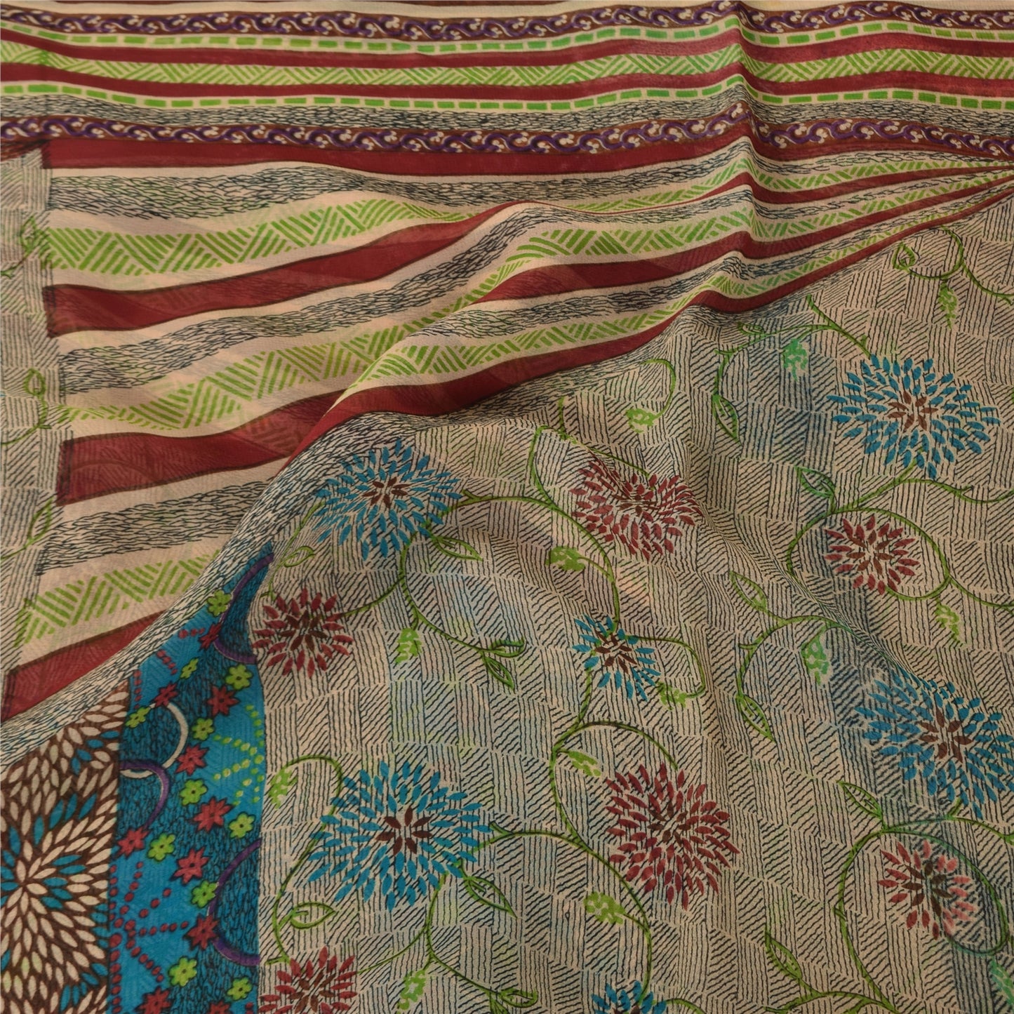 Sanskriti Vintage Sarees Ivory Pure Georgette Silk Print Sari 5+yd Craft Sustainable Fabric