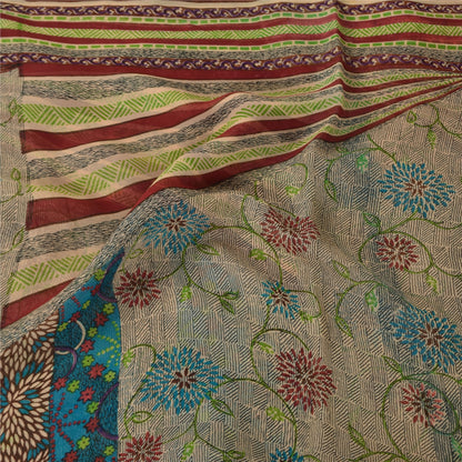 Sanskriti Vintage Sarees Ivory Pure Georgette Silk Print Sari 5+yd Craft Sustainable Fabric
