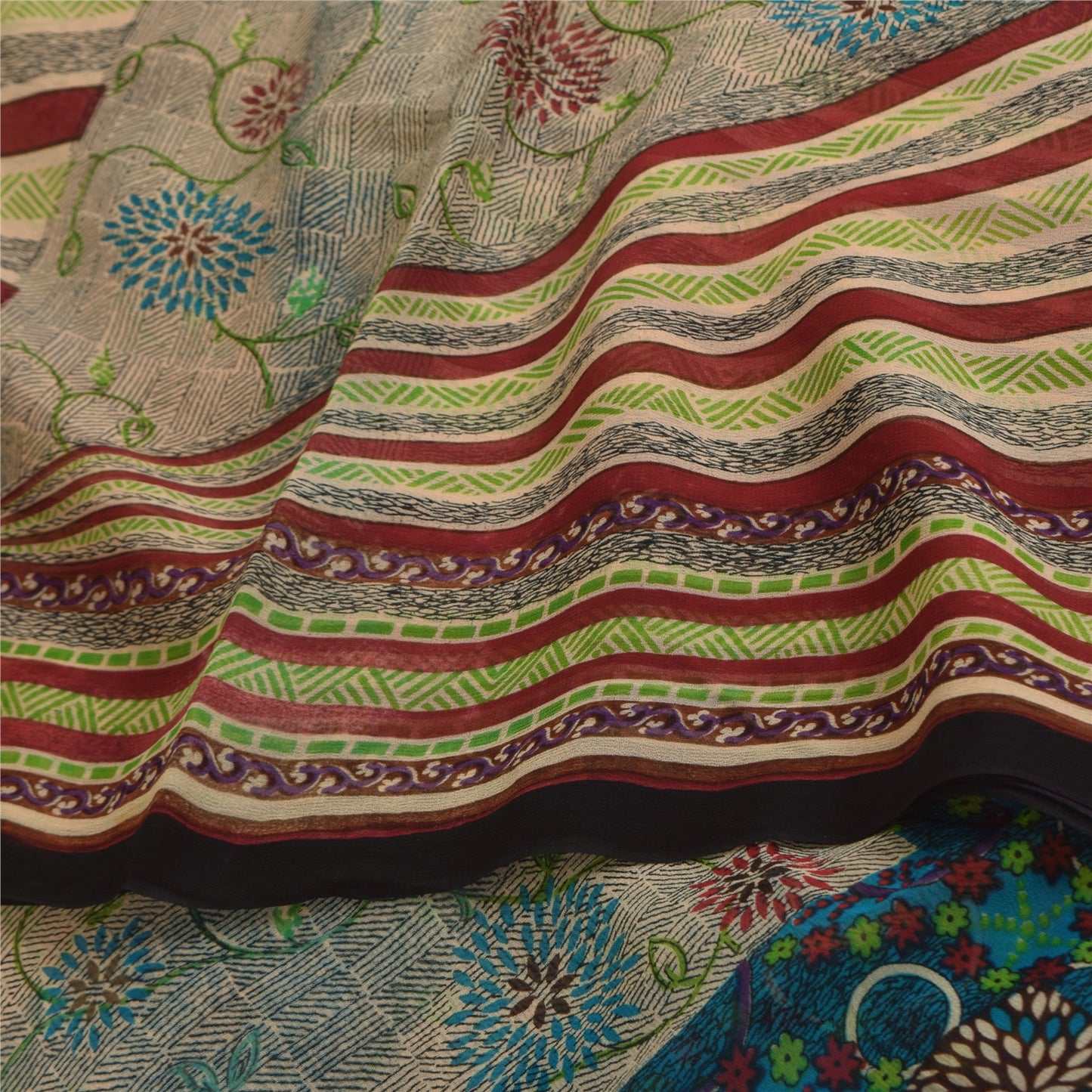 Sanskriti Vintage Sarees Ivory Pure Georgette Silk Print Sari 5+yd Craft Sustainable Fabric