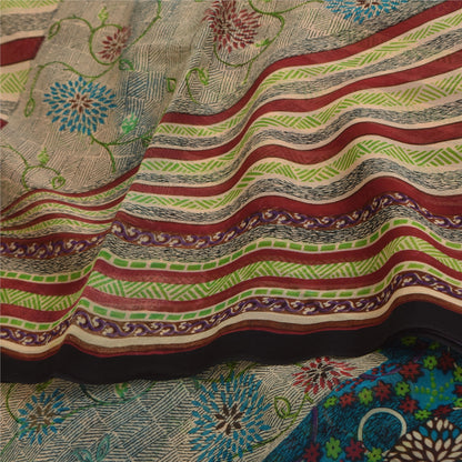 Sanskriti Vintage Sarees Ivory Pure Georgette Silk Print Sari 5+yd Craft Sustainable Fabric