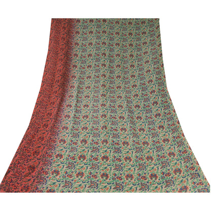 Sanskriti Vintage Sarees Ivory Pure Georgette Silk Print Sari 5+yd Craft Sustainable Fabric