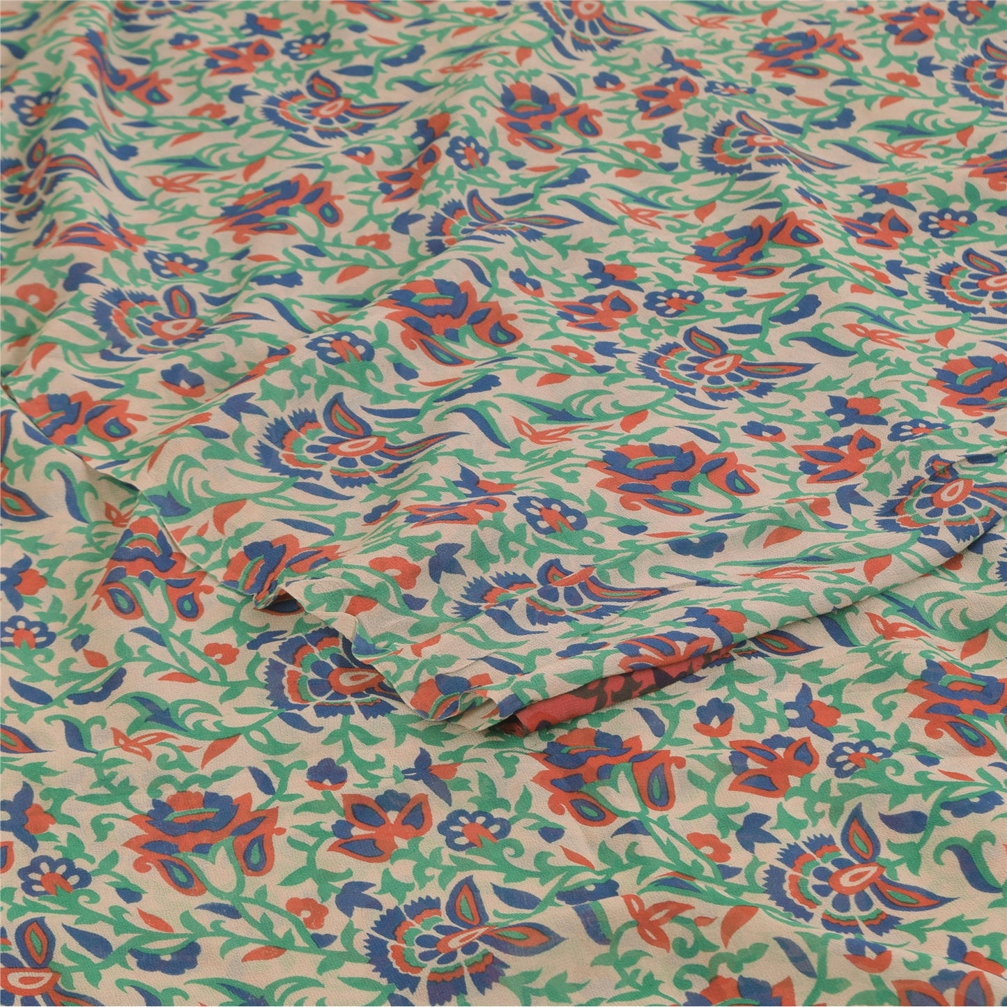 Sanskriti Vintage Sarees Ivory Pure Georgette Silk Print Sari 5+yd Craft Sustainable Fabric