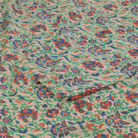 Sanskriti Vintage Sarees Ivory Pure Georgette Silk Print Sari 5+yd Craft Sustainable Fabric