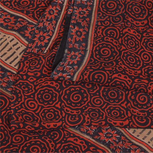 Sanskriti Vintage Sarees Black/Red Pure Georgette Print Sari 5+yd Craft Sustainable Fabric