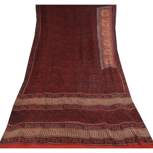 Sanskriti Vintage Sarees Black/Red Pure Georgette Print Sari 5+yd Craft Sustainable Fabric