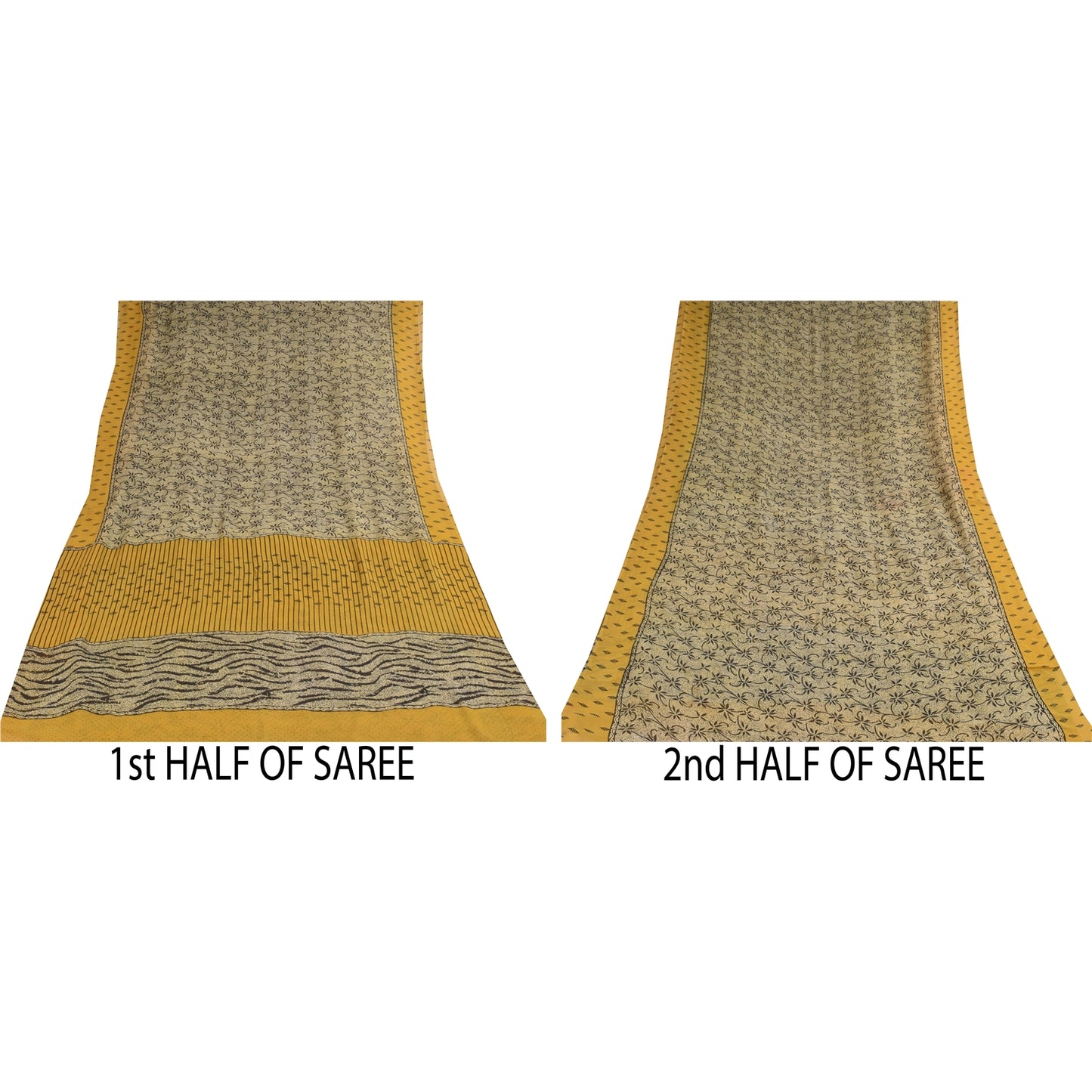 Sanskriti Vintage Sarees Ivory Pure Georgette Silk Print Sari 5+yd Craft Sustainable Fabric