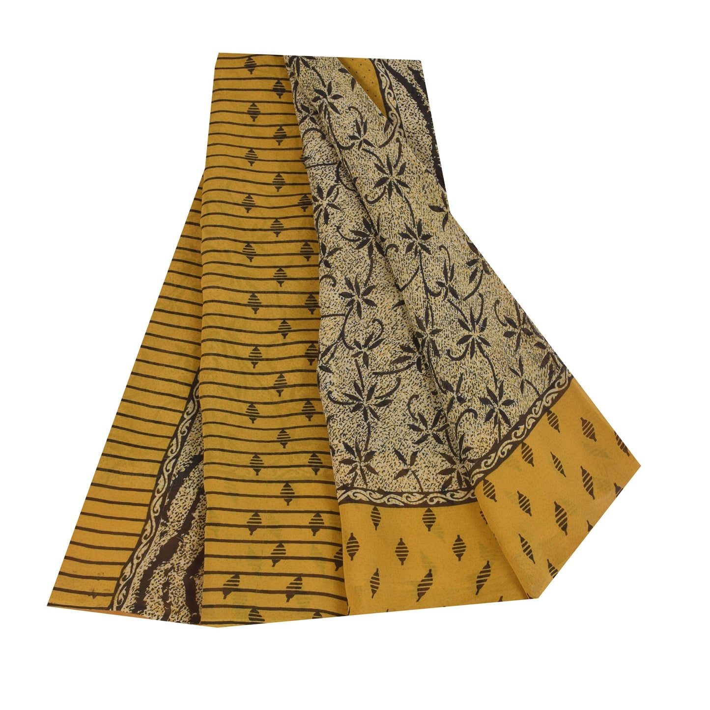 Sanskriti Vintage Sarees Ivory Pure Georgette Silk Print Sari 5+yd Craft Sustainable Fabric