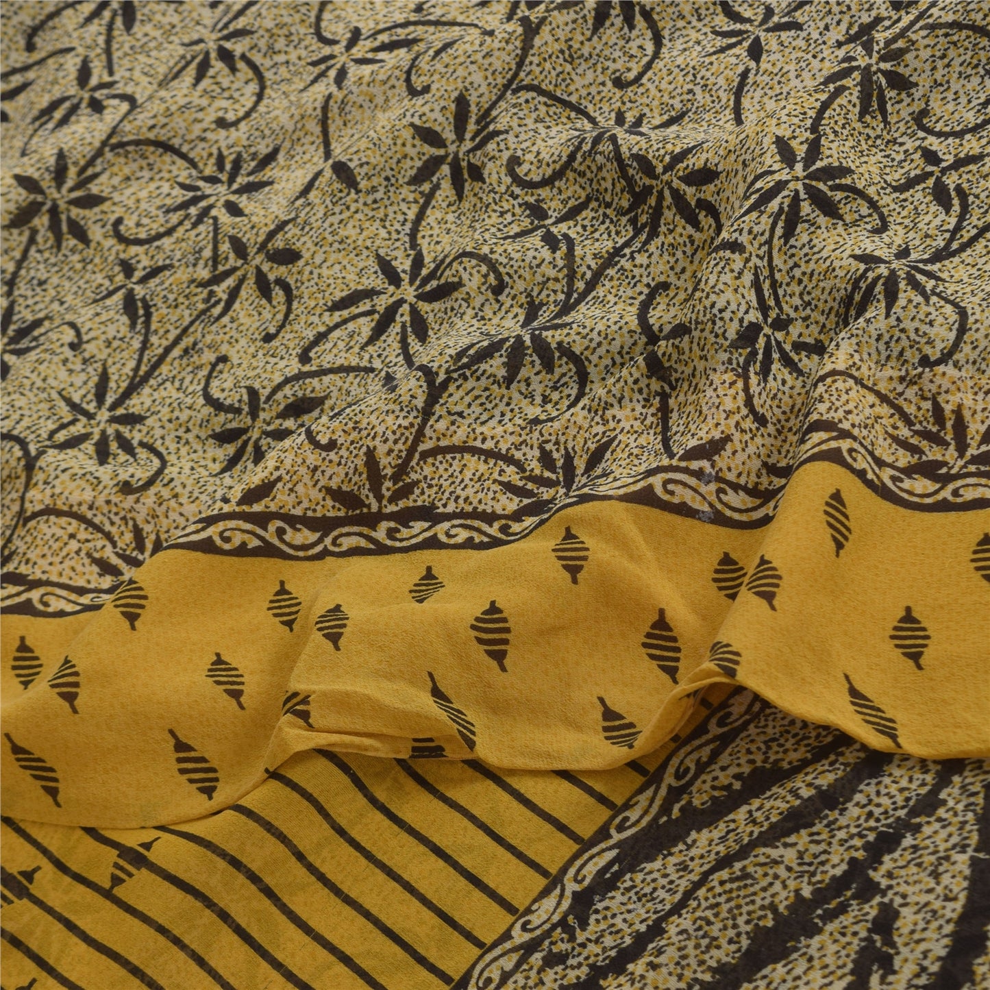 Sanskriti Vintage Sarees Ivory Pure Georgette Silk Print Sari 5+yd Craft Sustainable Fabric