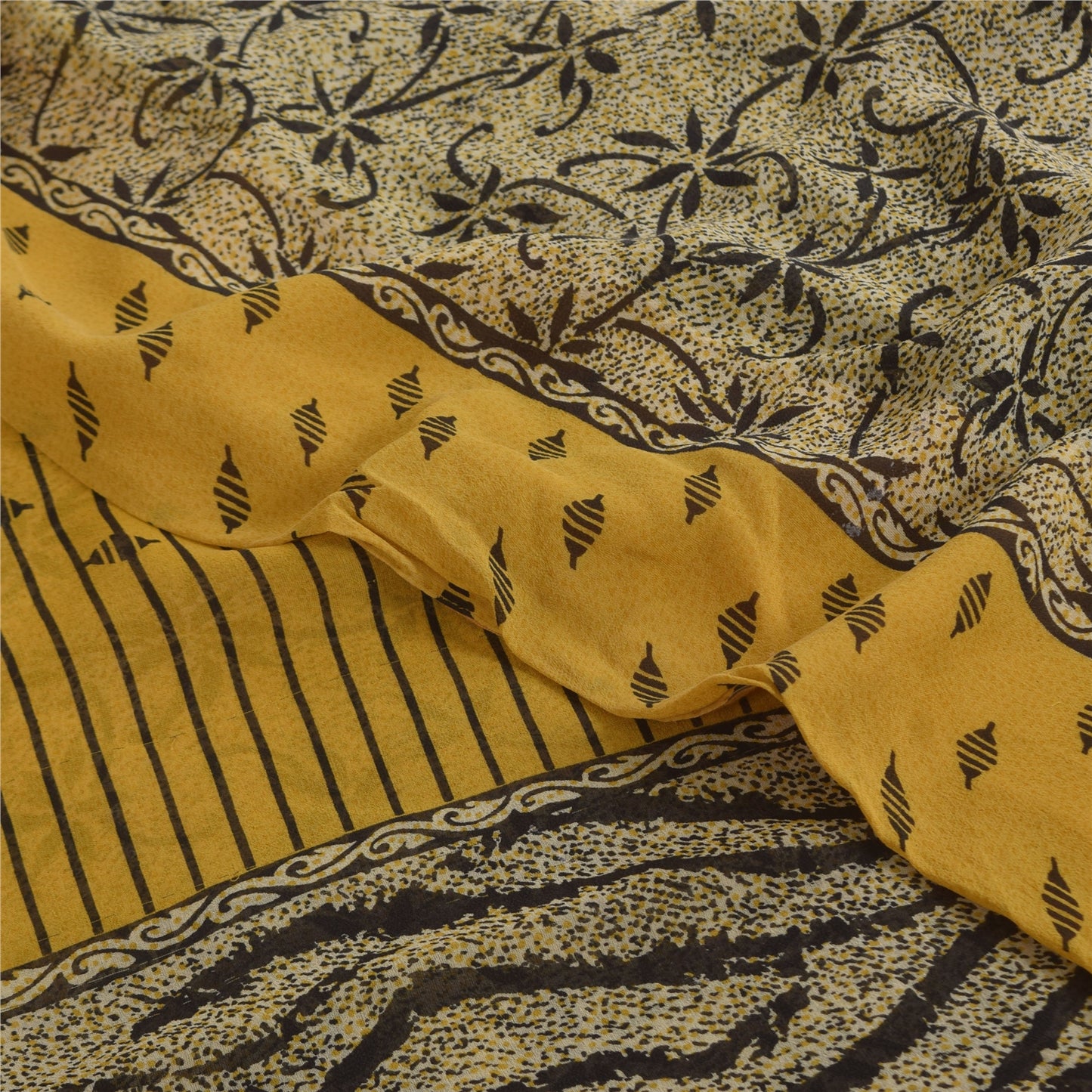 Sanskriti Vintage Sarees Ivory Pure Georgette Silk Print Sari 5+yd Craft Sustainable Fabric