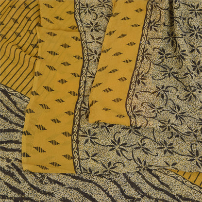 Sanskriti Vintage Sarees Ivory Pure Georgette Silk Print Sari 5+yd Craft Sustainable Fabric