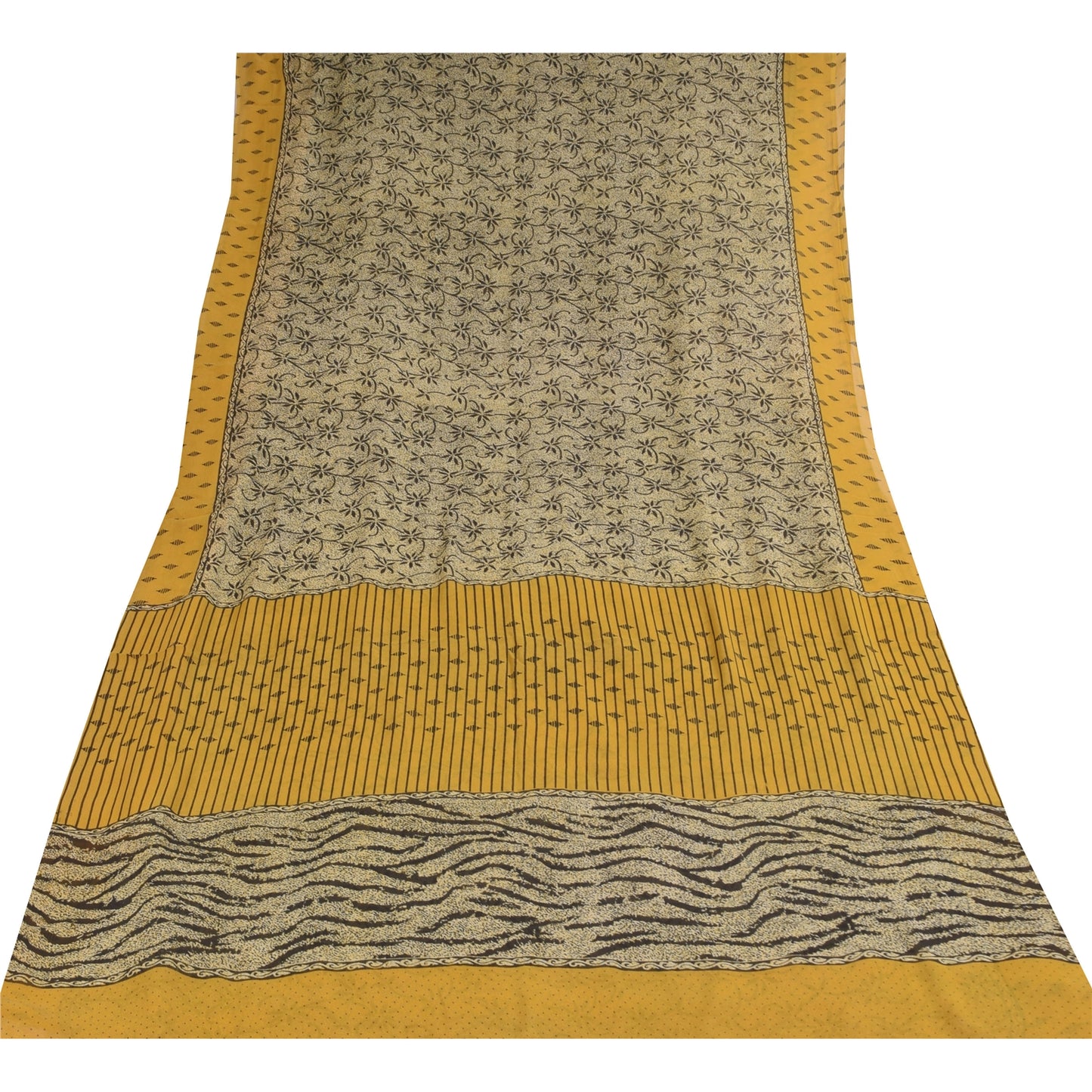 Sanskriti Vintage Sarees Ivory Pure Georgette Silk Print Sari 5+yd Craft Sustainable Fabric