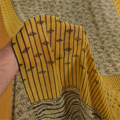 Sanskriti Vintage Sarees Ivory Pure Georgette Silk Print Sari 5+yd Craft Sustainable Fabric