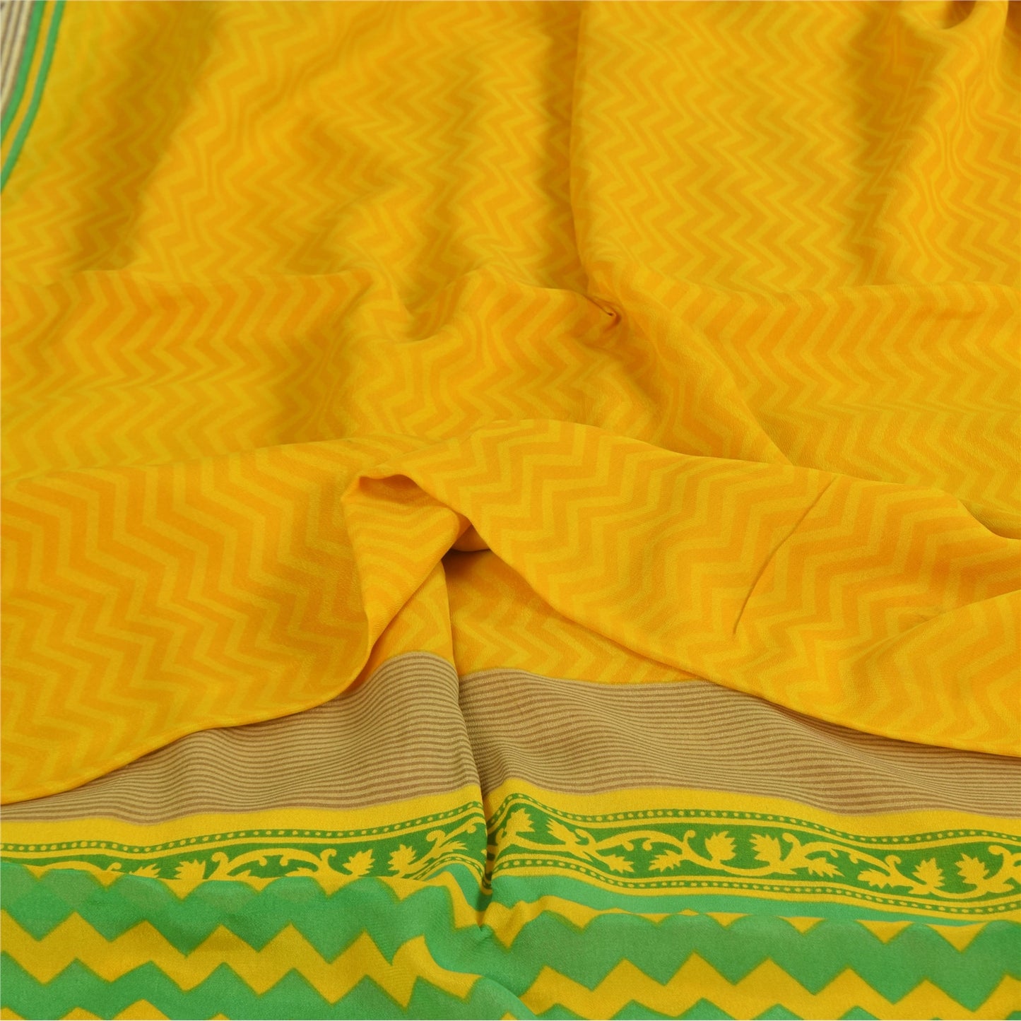 Sanskriti Vintage Sarees Yellow Pure Georgette Silk Print Sari 5+yd Craft Sustainable Fabric
