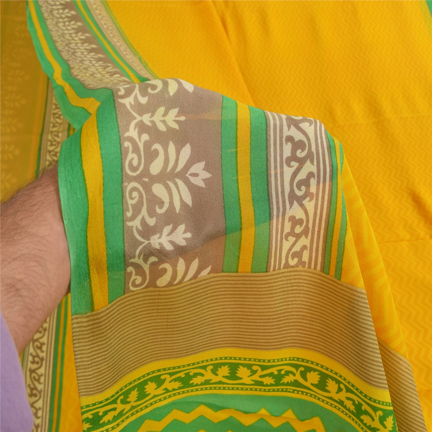 Sanskriti Vintage Sarees Yellow Pure Georgette Silk Print Sari 5+yd Craft Sustainable Fabric