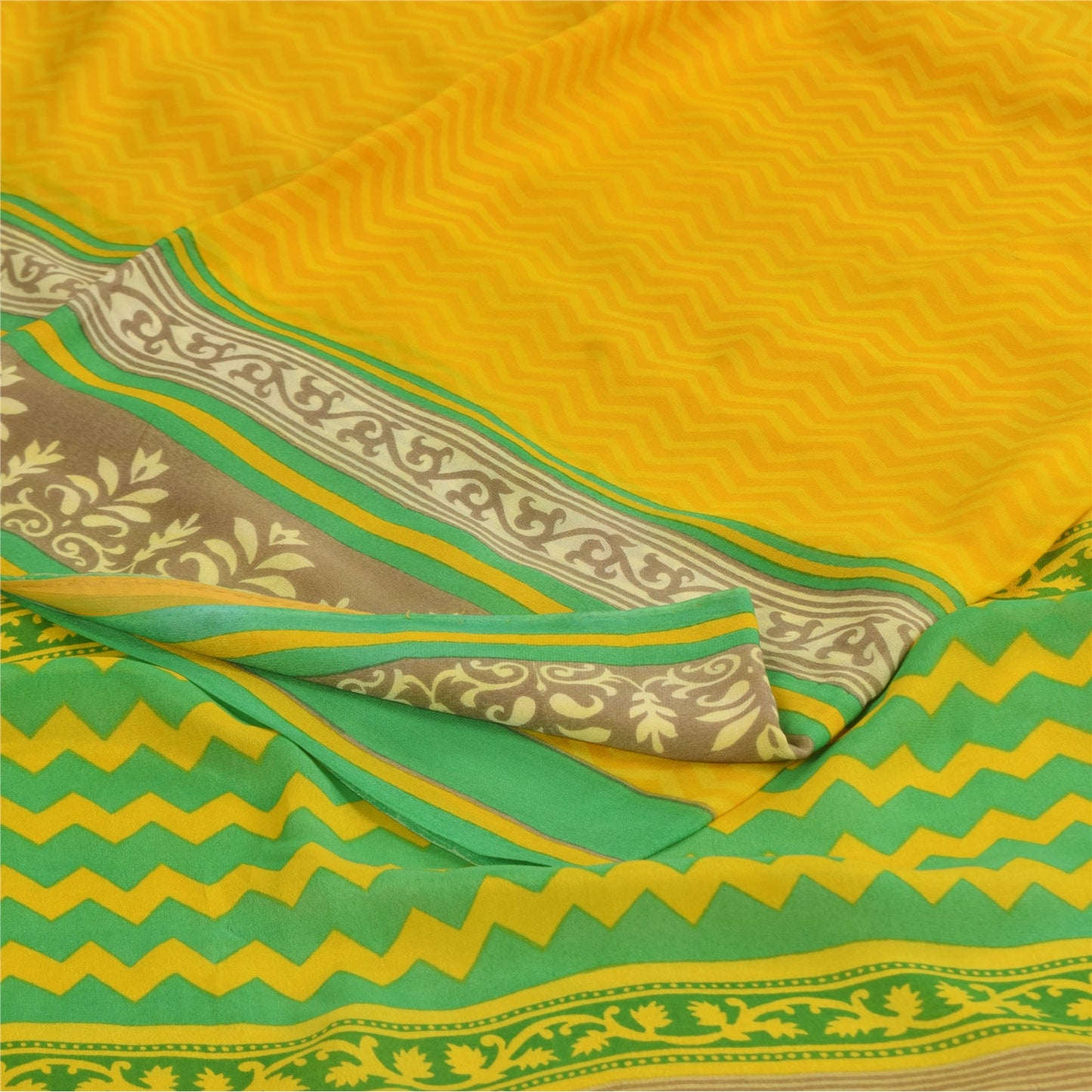 Sanskriti Vintage Sarees Yellow Pure Georgette Silk Print Sari 5+yd Craft Sustainable Fabric