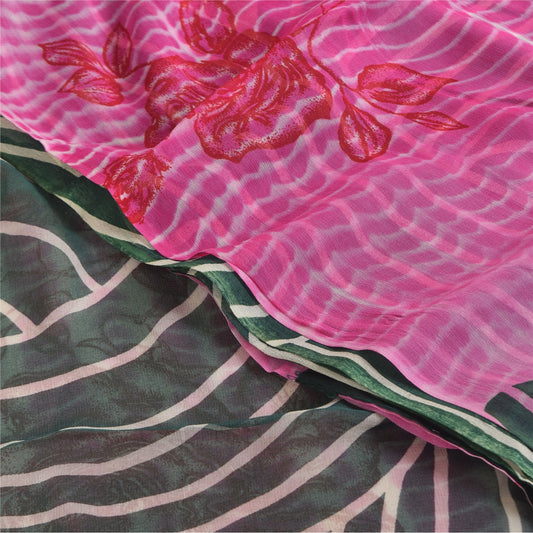 Sanskriti Vintage Sarier i lyserød/grå, rent georgette-tryk, 5+ yards, håndlavet, bæredygtigt stof