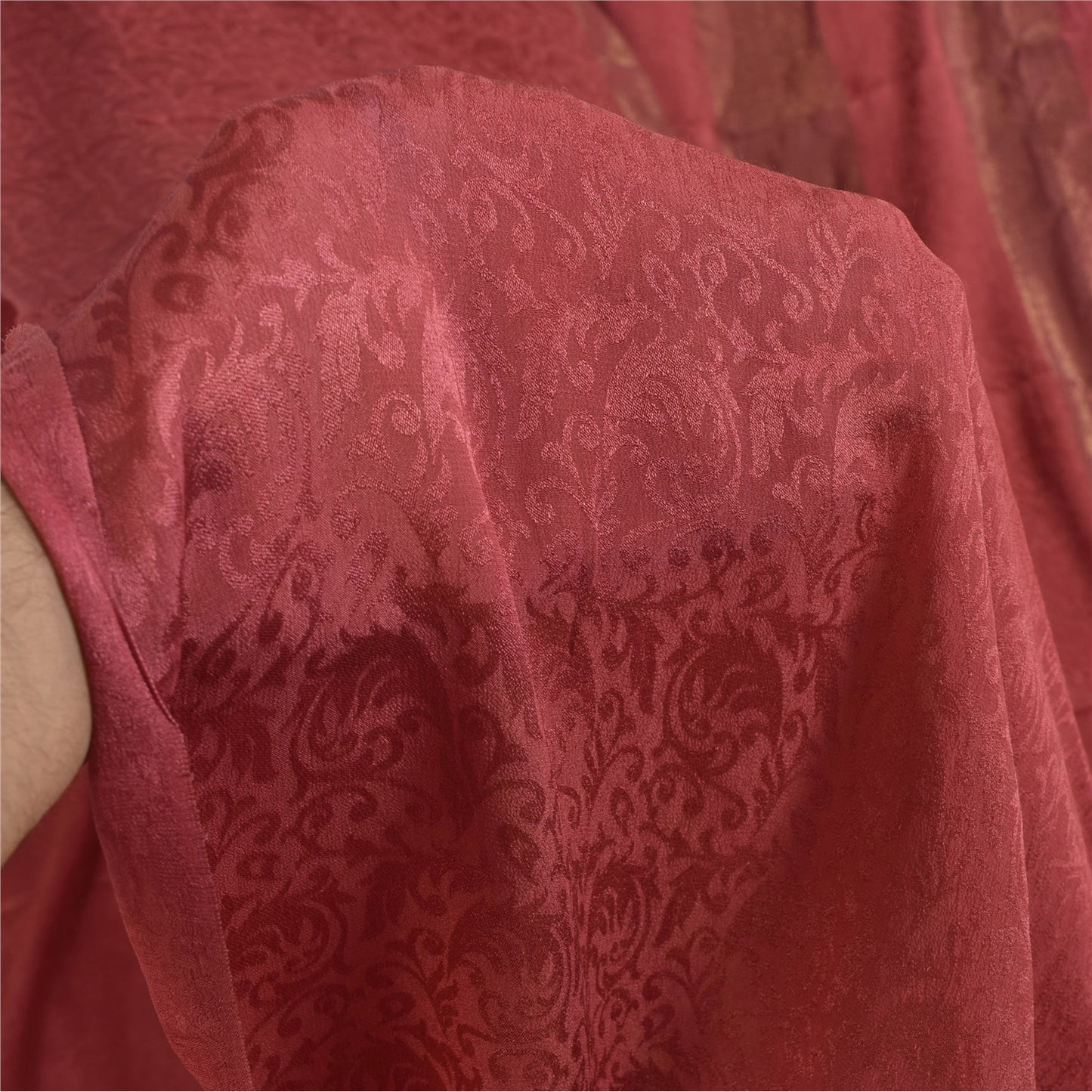 Sanskriti Vintage Sarees Dusty Red Woven Pure Georgette Sari 5+yd Craft Sustainable Fabric