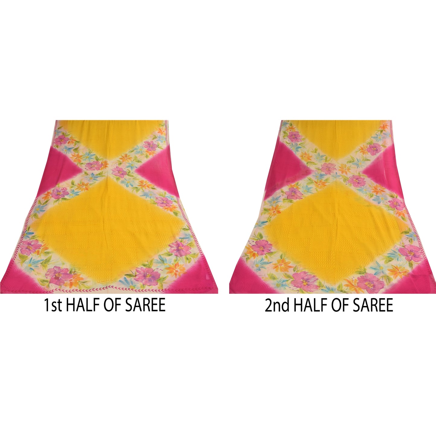 Sanskriti Vintage Sarees Yellow/Pink Pure Georgette Print Sari 5+yd Craft Sustainable Fabric
