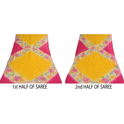 Sanskriti Vintage Sarees Yellow/Pink Pure Georgette Print Sari 5+yd Craft Sustainable Fabric