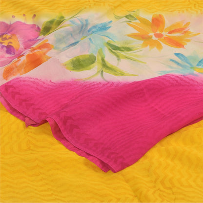 Sanskriti Vintage Sarees Yellow/Pink Pure Georgette Print Sari 5+yd Craft Sustainable Fabric