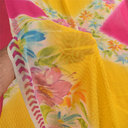 Sanskriti Vintage Sarees Yellow/Pink Pure Georgette Print Sari 5+yd Craft Sustainable Fabric