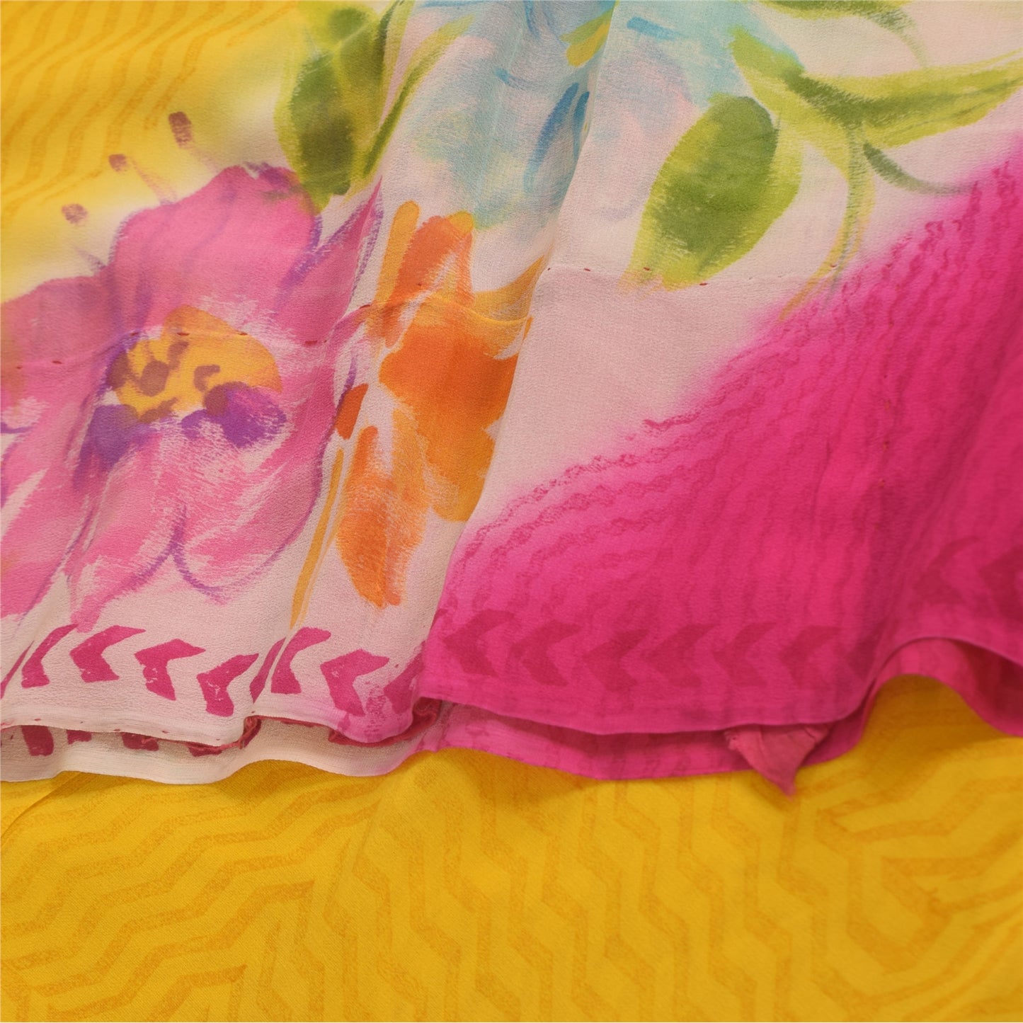 Sanskriti Vintage Sarees Yellow/Pink Pure Georgette Print Sari 5+yd Craft Sustainable Fabric