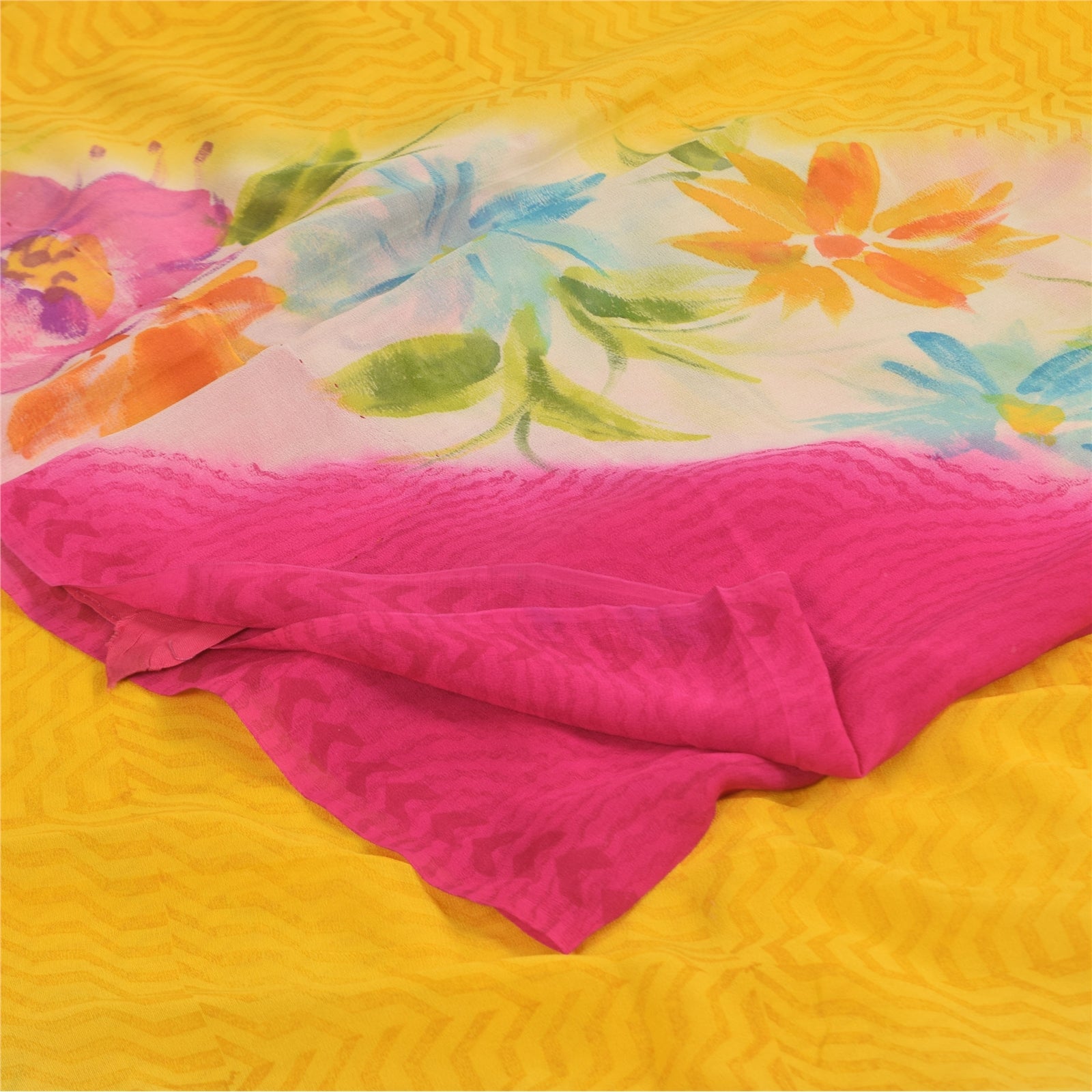 Sanskriti Vintage Sarier Gul/Pink Sari med rent Georgette-print, 5+ yards håndværk i bæredygtigt stof