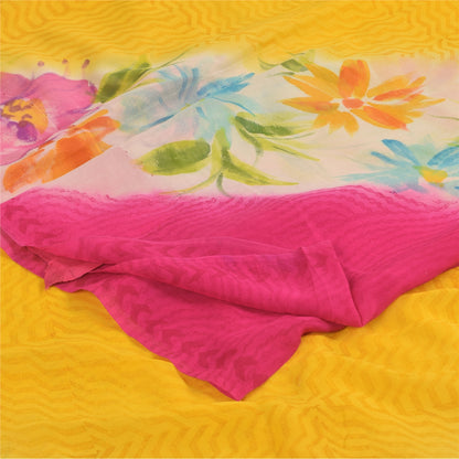 Sanskriti Vintage Sarees Yellow/Pink Pure Georgette Print Sari 5+yd Craft Sustainable Fabric