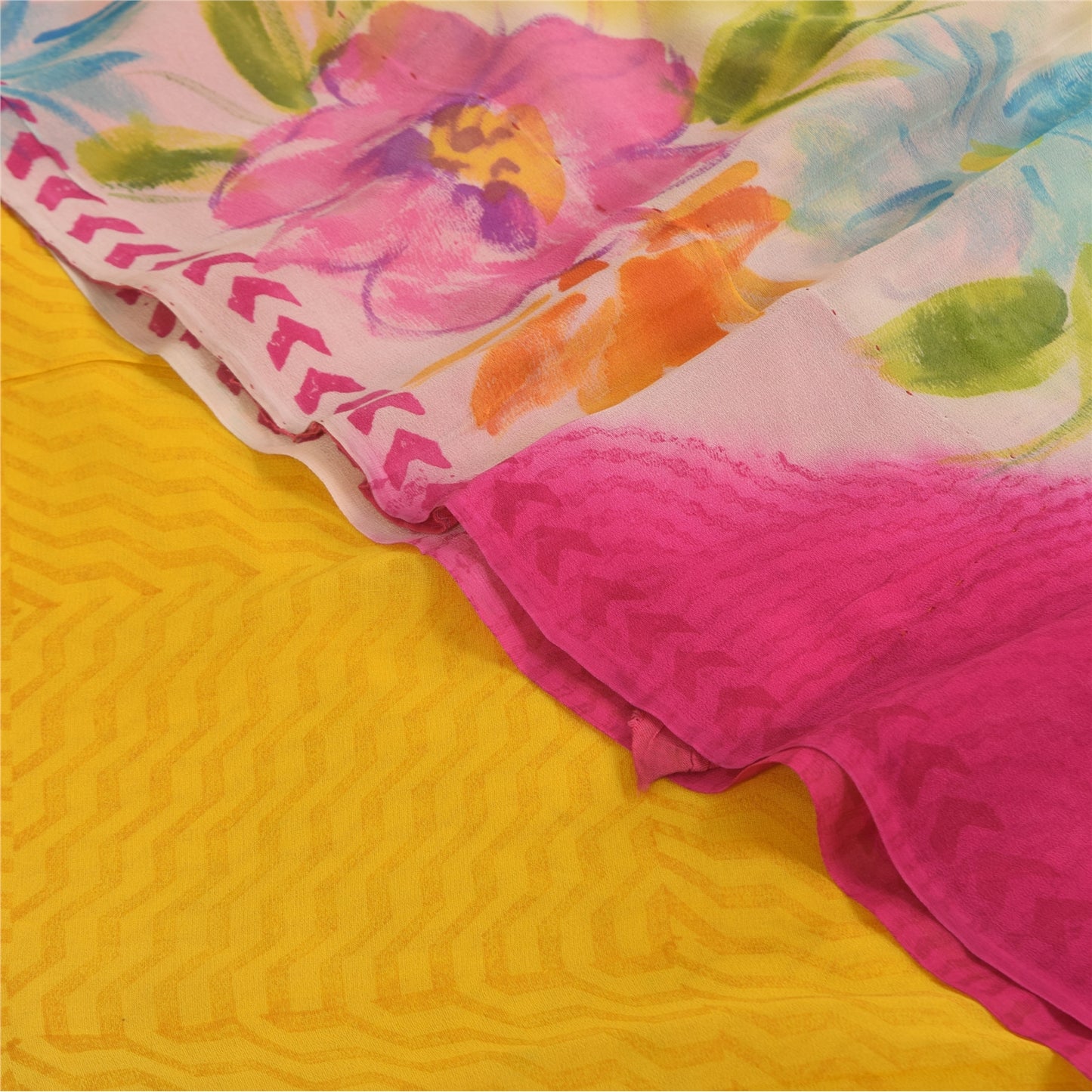 Sanskriti Vintage Sarees Yellow/Pink Pure Georgette Print Sari 5+yd Craft Sustainable Fabric