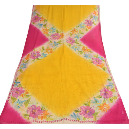 Sanskriti Vintage Sarees Yellow/Pink Pure Georgette Print Sari 5+yd Craft Sustainable Fabric