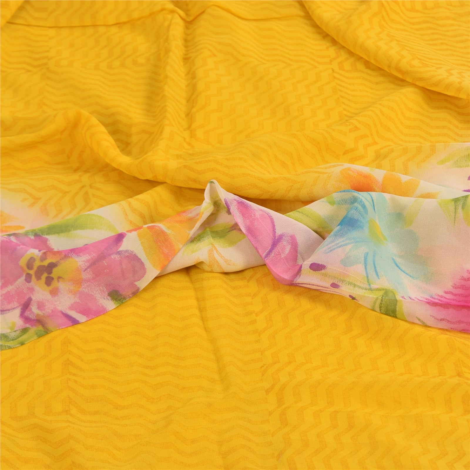 Sanskriti Vintage Sarier Gul/Pink Sari med rent Georgette-print, 5+ yards håndværk i bæredygtigt stof