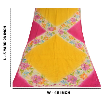Sanskriti Vintage Sarees Yellow/Pink Pure Georgette Print Sari 5+yd Craft Sustainable Fabric
