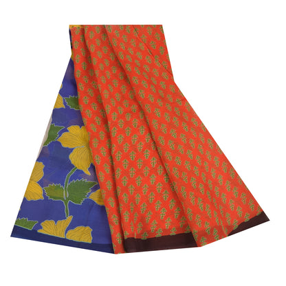 Sanskriti Vintage Sarees Blue/Orange Pure Georgette Printed Sari 5+yd Sustainable Fabric