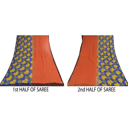 Sanskriti Vintage Sarees Blue/Orange Pure Georgette Printed Sari 5+yd Sustainable Fabric