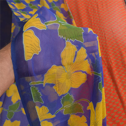 Sanskriti Vintage Sarees Blue/Orange Pure Georgette Printed Sari 5+yd Sustainable Fabric