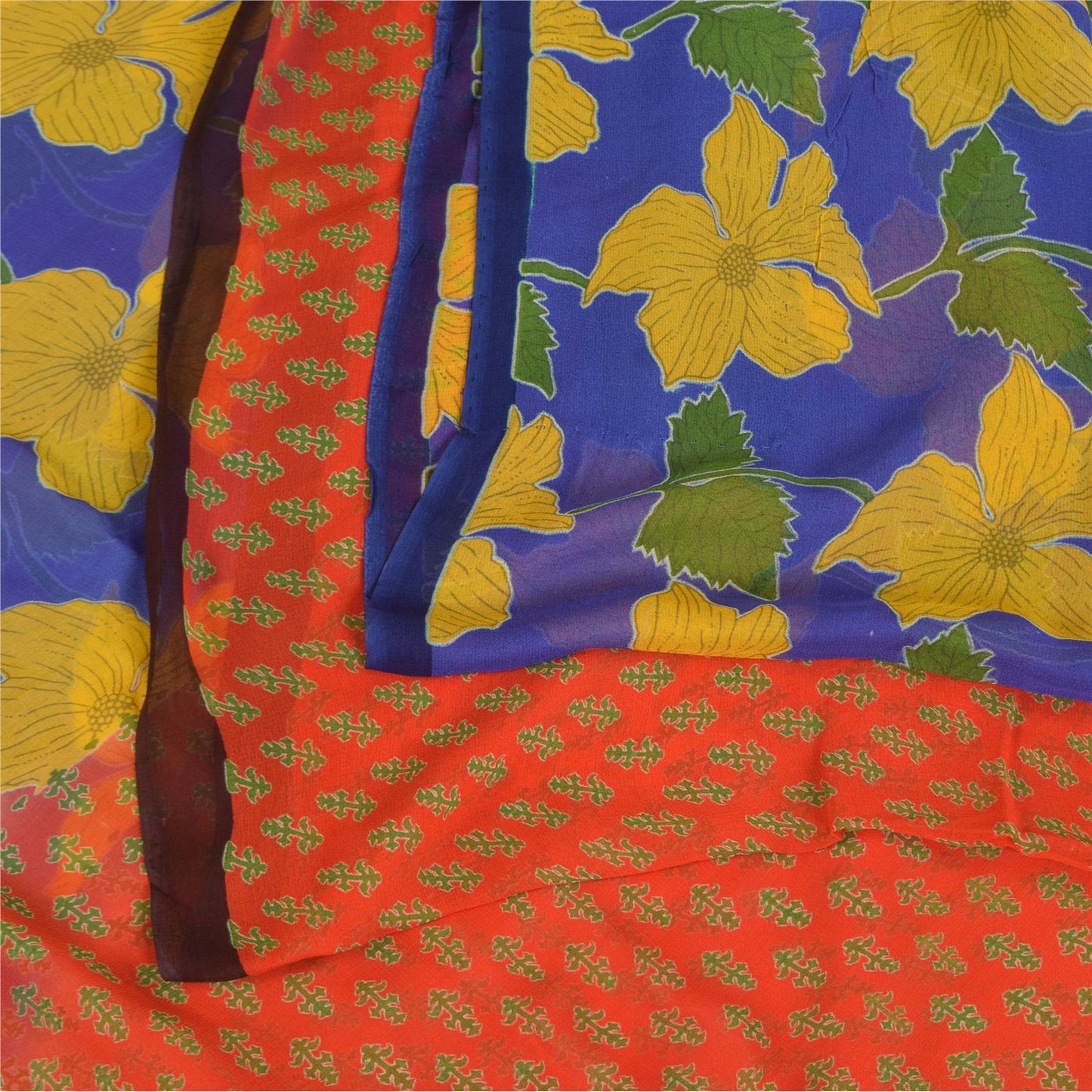 Sanskriti Vintage Sarees Blue/Orange Pure Georgette Printed Sari 5+yd Sustainable Fabric