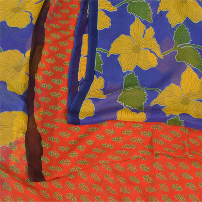 Sanskriti Vintage Sarees Blue/Orange Pure Georgette Printed Sari 5+yd Sustainable Fabric