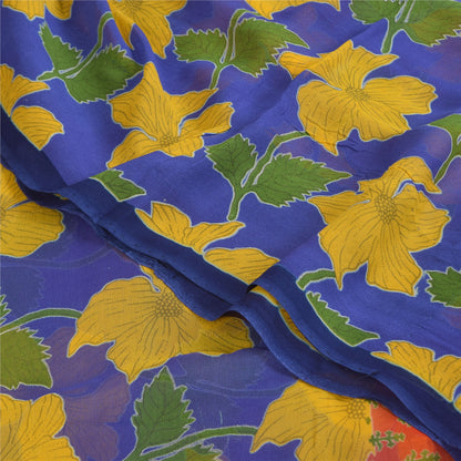 Sanskriti Vintage Sarees Blue/Orange Pure Georgette Printed Sari 5+yd Sustainable Fabric
