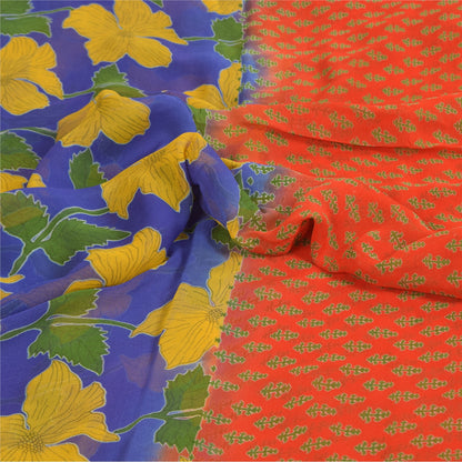 Sanskriti Vintage Sarees Blue/Orange Pure Georgette Printed Sari 5+yd Sustainable Fabric