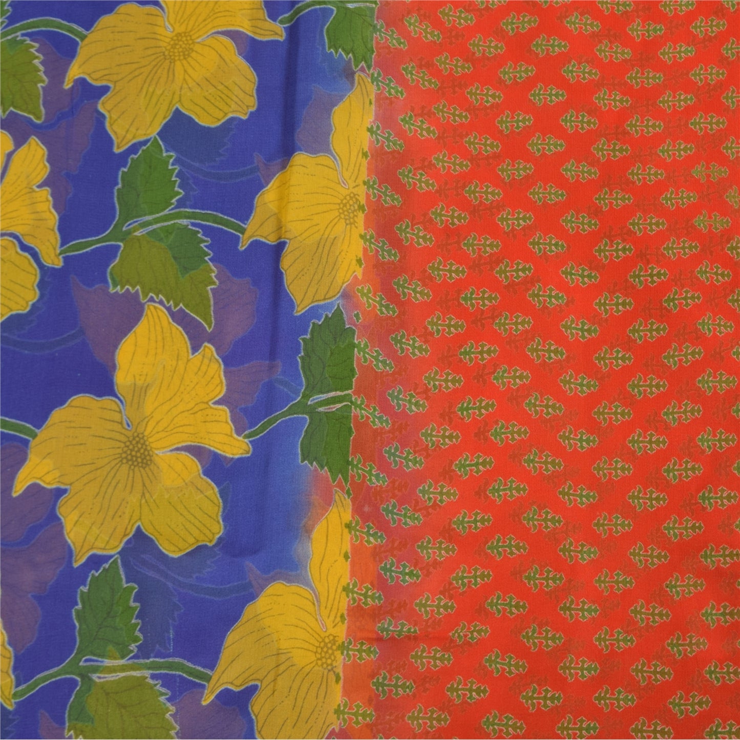 Sanskriti Vintage Sarees Blue/Orange Pure Georgette Printed Sari 5+yd Sustainable Fabric