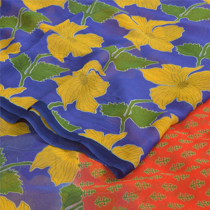 Sanskriti Vintage Sarees Blue/Orange Pure Georgette Printed Sari 5+yd Sustainable Fabric
