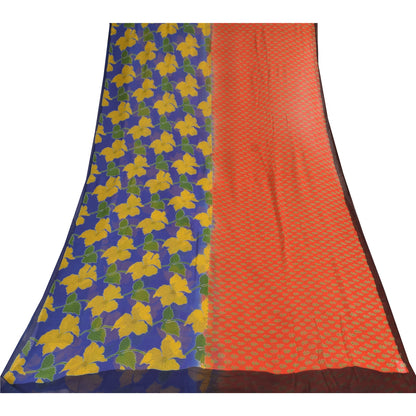 Sanskriti Vintage Sarees Blue/Orange Pure Georgette Printed Sari 5+yd Sustainable Fabric