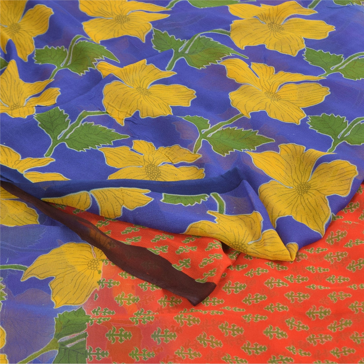 Sanskriti Vintage Sarees Blue/Orange Pure Georgette Printed Sari 5+yd Sustainable Fabric