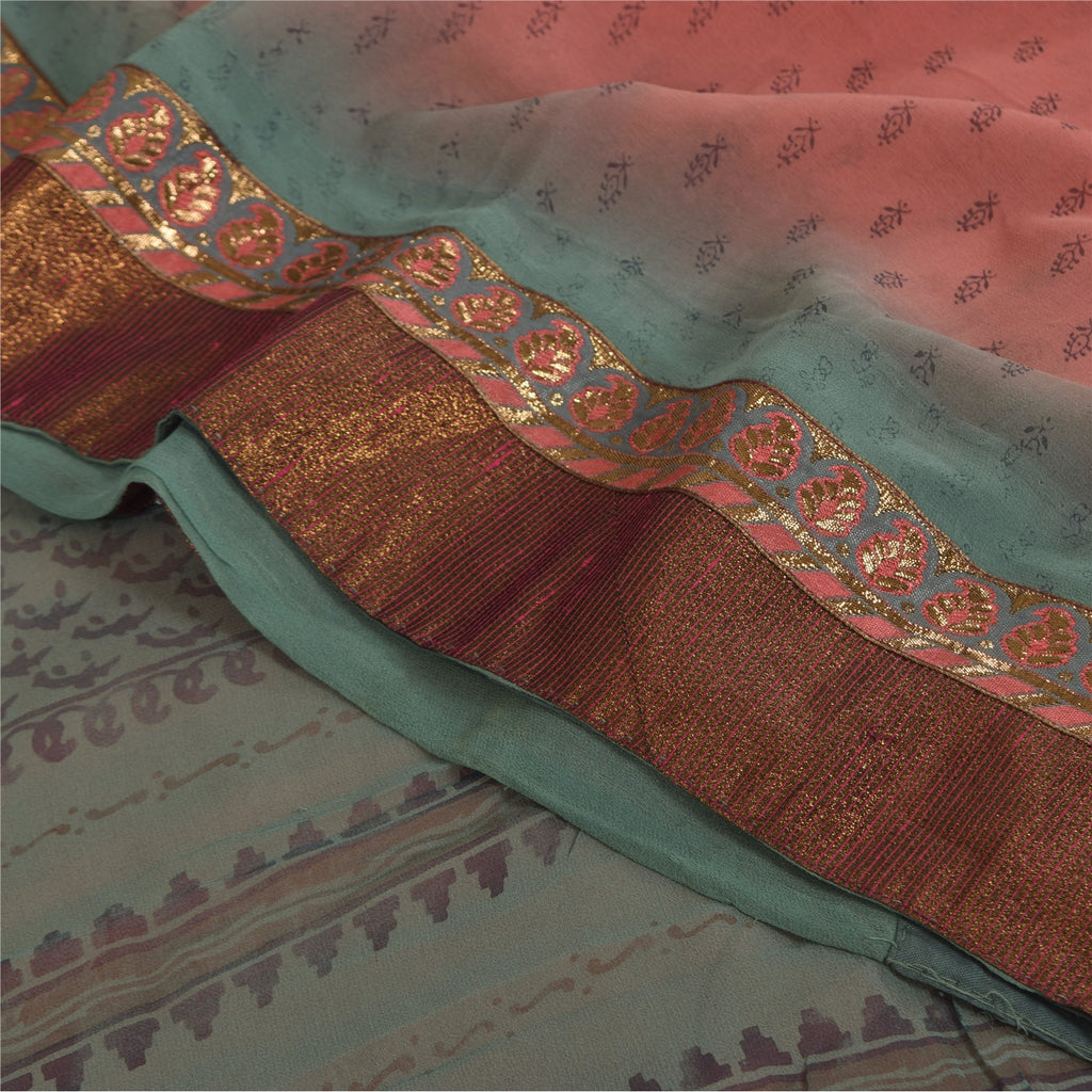 Sanskriti Vintage Sarier i lyserød/blå ren georgette-trykt sari, 5+ yards håndværk i bæredygtigt stof