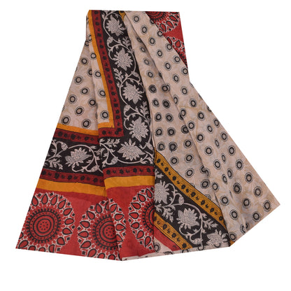 Sanskriti Vintage Sarees Ivory Pure Georgette Silk Print Sari 5+yd Craft Sustainable Fabric