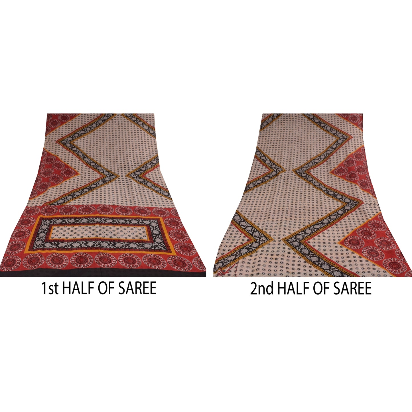 Sanskriti Vintage Sarees Ivory Pure Georgette Silk Print Sari 5+yd Craft Sustainable Fabric