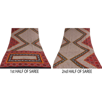 Sanskriti Vintage Sarees Ivory Pure Georgette Silk Print Sari 5+yd Craft Sustainable Fabric