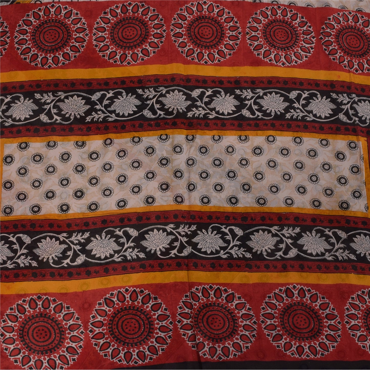 Sanskriti Vintage Sarees Ivory Pure Georgette Silk Print Sari 5+yd Craft Sustainable Fabric