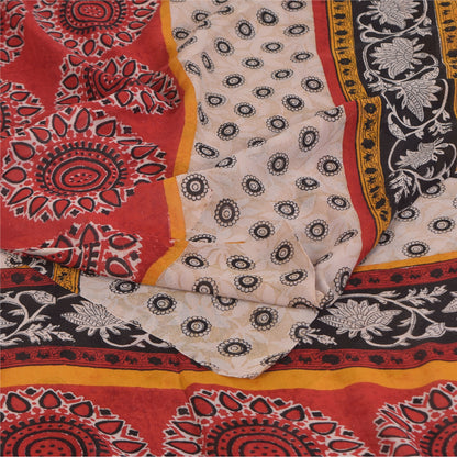 Sanskriti Vintage Sarees Ivory Pure Georgette Silk Print Sari 5+yd Craft Sustainable Fabric