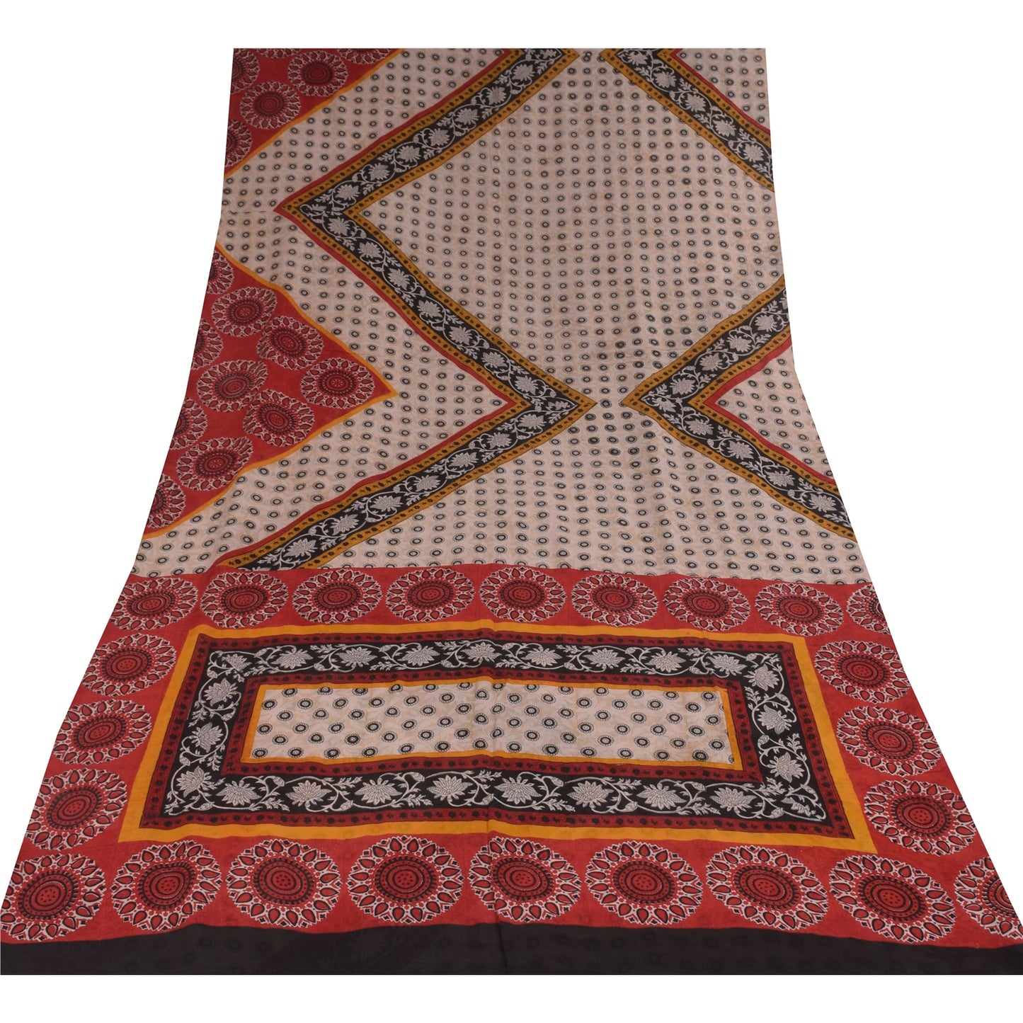 Sanskriti Vintage Sarees Ivory Pure Georgette Silk Print Sari 5+yd Craft Sustainable Fabric